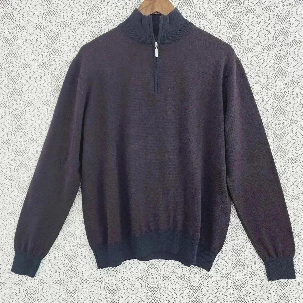 Toscano 100% Extrafine Merino wool Mock neck Pullover Striped Men's Sweatshirt L